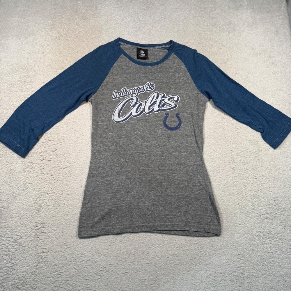 Vintage Y2K NFL Team Apparel Colts T-Shirt Womens S Grey Blue Raglan 3/4 Sleeve
